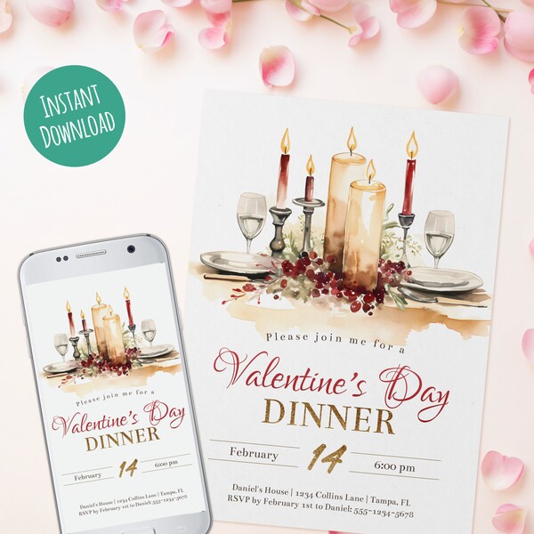 Editable Valentine's Day Dinner Invitation, Valentines Day Dinner Invite, Elegant Dinner, Digital Template, Instant Download, Printable, DIY