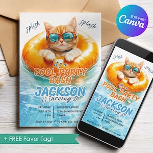 Puede incluir: Una invitación a una fiesta en la piscina con un gato de dibujos animados con gafas de sol flotando en una piscina sobre un flotador naranja. La invitación dice "It's a Pool Party Bash" e incluye los detalles de la fiesta para el décimo cumpleaños de Jackson.