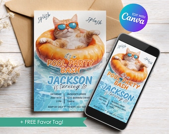 Editable Cat Pool Party Birthday Invitation, Orange, Swimming Party Invite, Pool Party Bash, Personalized Template, Download Printable, DIY