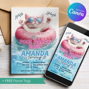 Puede incluir: Una invitación a una fiesta en la piscina con un gato de dibujos animados con gafas de sol en un flotador rosa. La invitación dice "It's a Pool Party Bash" con el nombre "Amanda" y los detalles de la fiesta. Un smartphone muestra el mismo diseño.