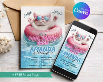 Editable White Cat Pool Party Birthday Invitation, Pink, Swimming Party Invite, Pool Party Bash, Template Digital Download, Printable, DIY