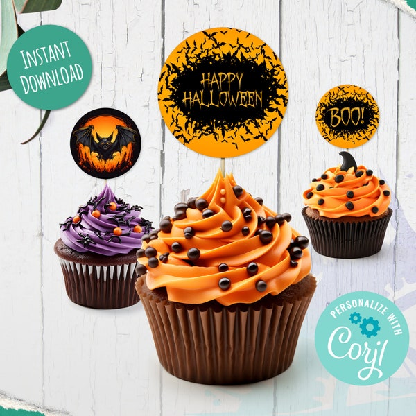 Editable Halloween Bats Cake and Cupcake Topper, Halloween Cupcake Decoration, Editable Template Digital, Instant Download, Printable - H003