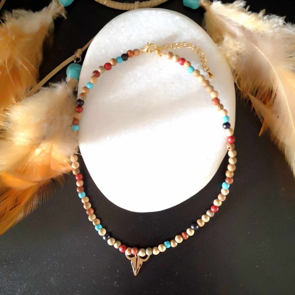 Small wooden and turquoise bead necklace, buffalo skull necklace, Native American beaded necklace