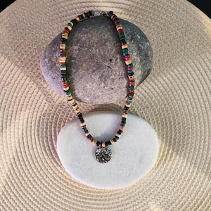 Coconut bead choker necklace, choker necklace with pendant, holiday themed choker necklace, choker necklace.