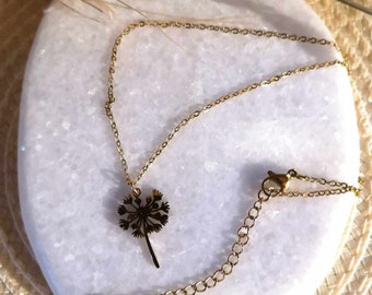 Collier chaine avec pendentif, chaine pendentif pissenlit, chaine pendentif fleur, chaine pendentif acier inoxydable dorée.