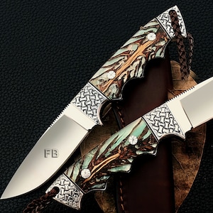 Handmade VG10 Steel Hunting/Camping Skinner Knife with Engraved Stainless Steel Bolsters& Pinecone Scales - Birthday Gift, + Get A Free Gift