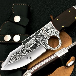 Hand Engraved D2 steel Hunting  Fishing / Camping knife / Gift for men's  / Groomsmen Gift / Easter Gift, & + Get 1 FREE Easter GIFT