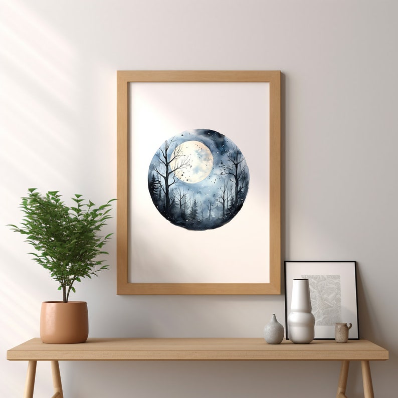 Full Moon Wall Art, Zen Wall Art, Forest Wall Art, Watercolor, Nature ...