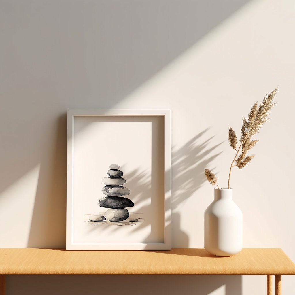 Watercolor Zen Stones, Stacked Stones Zen Wall Art, Zen Wall Art, Enso