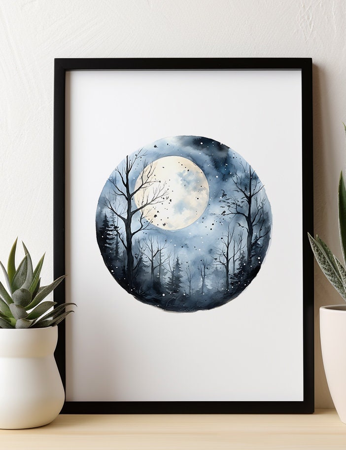 Full Moon Wall Art, Zen Wall Art, Forest Wall Art, Watercolor, Nature ...