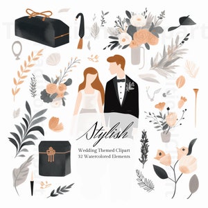 Clipart de acuarela de boda - 32 artículos hermosos, minimalistas y elegantes, matrimonio, compromiso, PNG, descarga digital instantánea, uso comercial
