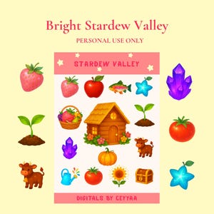Może przedstawiać: Cyfrowa ilustracja z elementami gry Stardew Valley. Obraz zawiera truskawkę, jabłko, rybę, gwiazdę, kryształy, kosz owoców, drewniany domek, kiełek, dynię, krowę, konewkę, pomidora, słonecznik, skrzynię skarbów i tekst.