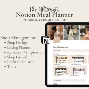 May include: A screenshot of a Notion workspace showing a meal planner template. The template includes sections for shop management, listing planner, resources, shop growth, profit calculator, and tools. The workspace is designed with a light brown color scheme and features a shopping bag icon.