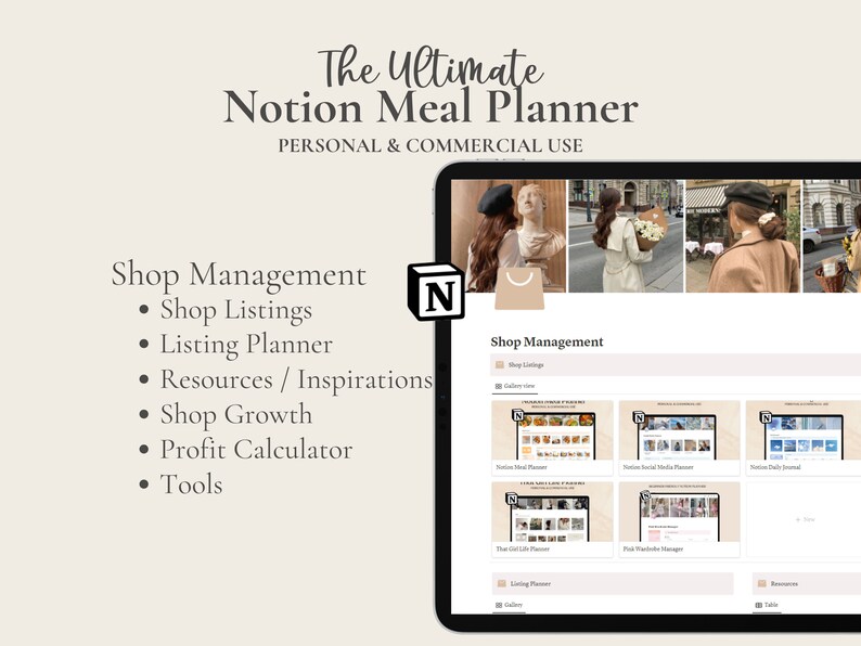 May include: A screenshot of a Notion workspace showing a meal planner template. The template includes sections for shop management, listing planner, resources, shop growth, profit calculator, and tools. The workspace is designed with a light brown color scheme and features a shopping bag icon.