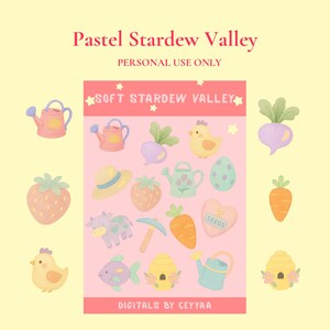Może przedstawiać: Zbiór pastelowych ilustracji cyfrowych z elementami z gry Stardew Valley. Zawiera konewkę, truskawkę, kurczaka i inne przedmioty związane z rolnictwem. Widoczny jest tekst "Pastel Stardew Valley" i "Soft Stardew Valley".