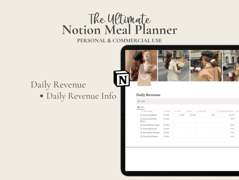 May include: A screenshot of a Notion page with the title "Daily Revenue". The page is a table with columns for "Sales", "Cost", "Price", "Discount", and "Total Sales for 1 Sale". The table is filled with data about different sales.