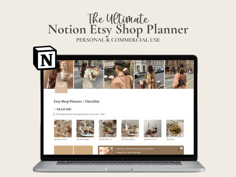 May include: A laptop computer screen displaying a Notion Etsy Shop Planner checklist. The screen shows a collage of images with a brown color scheme. The text "Etsy Shop Planner/Checklist" and "READ ME!" are visible on the screen.