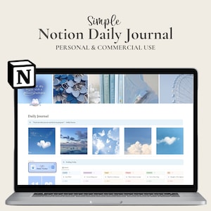Puede incluir: Un ordenador portátil que muestra una plantilla de diario diario de Notion con un esquema de color azul y blanco. La plantilla incluye una sección de diario diario, un rastreador de hábitos y un rastreador de estado de ánimo. El logotipo de Notion es visible en la esquina superior izquierda de la pantalla.