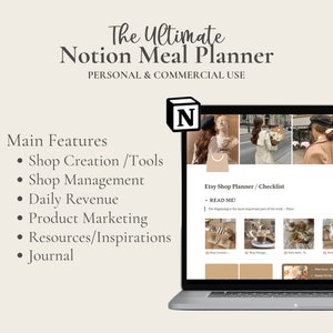May include: A laptop computer displaying a Notion workspace with the title "Etsy Shop Planner/Checklist". The workspace includes sections for shop creation, management, daily revenue, product marketing, resources, and a journal. The workspace is designed to help Etsy sellers manage their businesses.