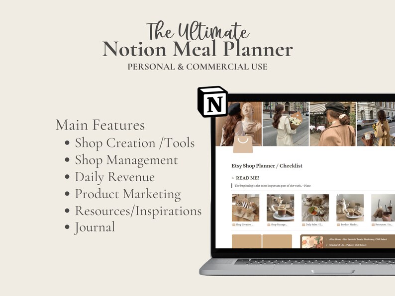 May include: A laptop computer displaying a Notion workspace with the title "Etsy Shop Planner/Checklist". The workspace includes sections for shop creation, management, daily revenue, product marketing, resources, and a journal. The workspace is designed to help Etsy sellers manage their businesses.