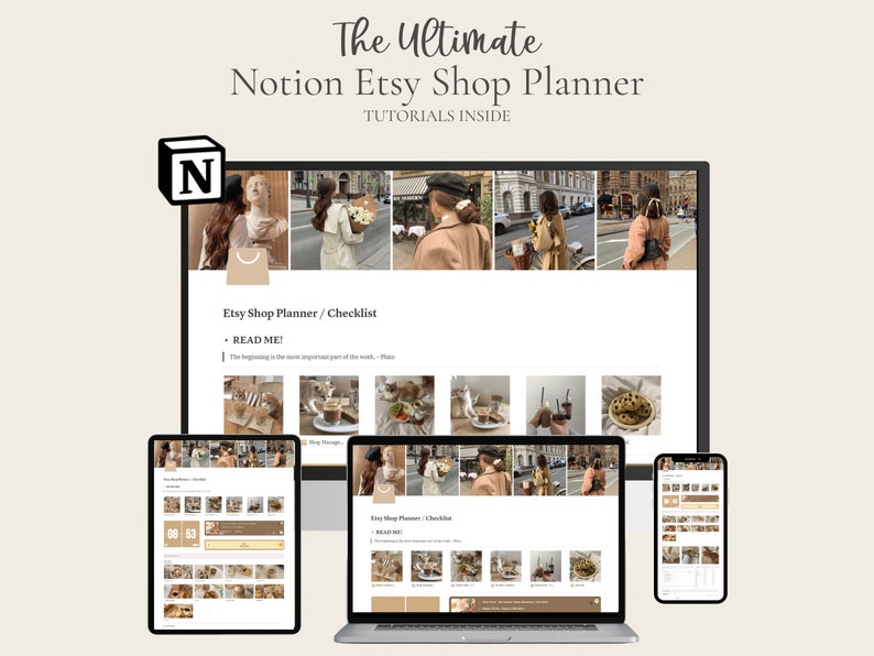 May include: A screenshot of a computer screen showing a Notion Etsy Shop Planner checklist. The screen is divided into sections with images and text. The text includes the words "Etsy Shop Planner/Checklist" and "READ ME!" The screen is displayed on a laptop, tablet, and smartphone.