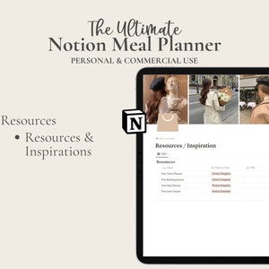 May include: A screenshot of a Notion page titled "Resources/Inspiration" with a table listing free Notion templates for meal planning, journaling, and goal tracking. The page is on a tablet with a light brown background. The top of the screen shows a collage of images of people in a city setting.
