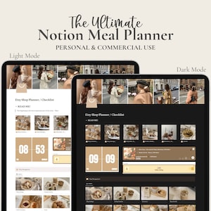 May include: A screenshot of a Notion page showing a meal planner template. The template is designed to help users plan their meals and track their food intake. The template includes sections for meal planning, grocery shopping, and recipe ideas. The template is available in both light and dark mode.