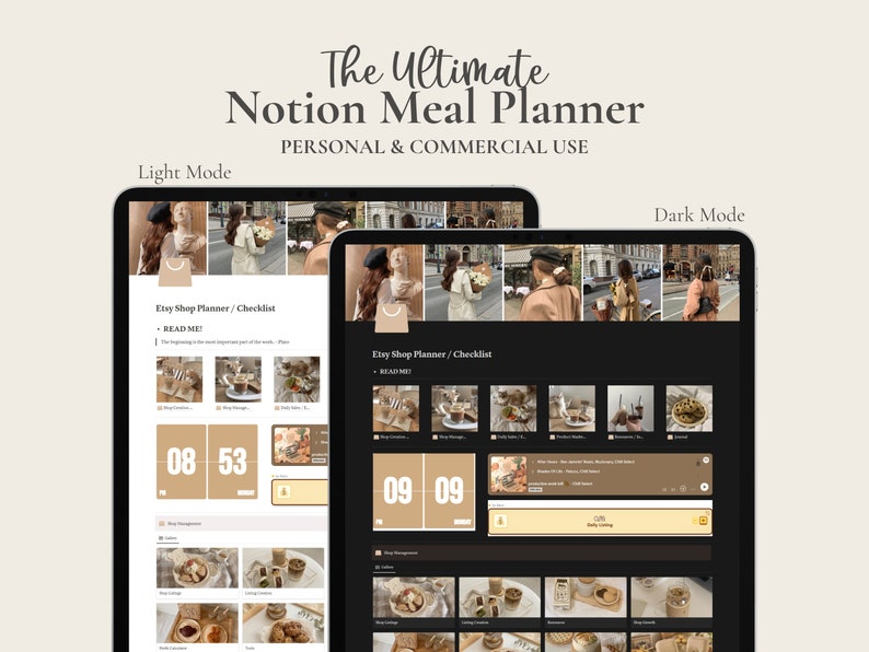 May include: A screenshot of a Notion page showing a meal planner template. The template is designed to help users plan their meals and track their food intake. The template includes sections for meal planning, grocery shopping, and recipe ideas. The template is available in both light and dark mode.