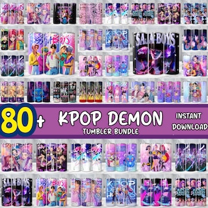 Può includere: Una collezione di design di bicchieri KPOP Demon, con varie illustrazioni colorate di personaggi in stile anime. I bicchieri sono disposti su scaffali, con il testo "80+ KPOP DEMON TUMBLER BUNDLE" e "INSTANT DOWNLOAD".