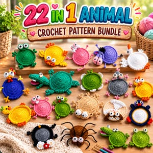 May include: A 22-in-1 animal crochet pattern bundle featuring a collection of colorful, circular crocheted animal coasters. The display includes various creatures like frogs, chickens, turtles, and spiders in vibrant yarn colors on a wooden board.