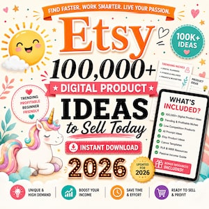 Oltre 100.000 idee per prodotti digitali di successo nel 2026 / Guida per venditori Etsy, attività secondarie per generare reddito passivo, kit di avvio per negozi Etsy passo dopo passo