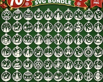 May include: A digital collection of 70 Christmas bauble ornaments in an SVG bundle. Each circular ornament features white intricate cut-out designs including reindeer, snowmen, Santa Claus, trees, and snowflakes on a dark green background.