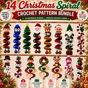 Könnte beinhalten: Ein digitales Bündel mit 14 weihnachtlichen Spiral-Häkelanleitungen, die festliche Figuren wie Weihnachtsmänner, Elfen, Rentiere, Schneemänner und Bäume zeigen. Die Grafik enthält den Text 14 Christmas Spiral CROCHET PATTERN BUNDLE sowie Symbole für Sofort-Download, Anleitungen, Tutorials und druckbare PDF-Dateien.
