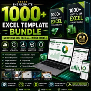 May include: A digital product bundle featuring over 1000 Excel templates. The graphic displays a laptop, tablet, and smartphone showing financial dashboards, charts, and budget spreadsheets. Text includes "1000+ EXCEL TEMPLATE BUNDLE" and "PLR LICENSE INCLUDED" with green and black branding.