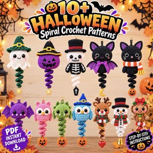 May include: A collection of 10+ Halloween spiral crochet patterns featuring various characters including a ghost, pumpkin, skeleton, bat, cat, owl, reindeer, snowman, and gingerbread person, all with dangling spiral tails and charms.