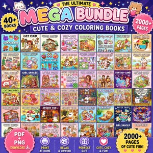 Puede incluir: Una colección digital titulada The Ultimate Mega Bundle Cute & Cozy Coloring Books que incluye más de 40 libros y 2000+ páginas. La imagen muestra una cuadrícula de varias portadas de libros coloridas con temas como animales y escenas acogedoras.