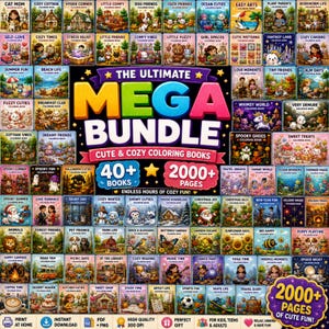 Peut inclure: Une collection numérique de plus de 40 livres de coloriage intitulée The Ultimate Mega Bundle, comprenant plus de 2000 pages d'illustrations. La grille présente diverses couvertures de livres colorées sur des thèmes comme les animaux, les fêtes, la nature et des scènes chaleureuses.