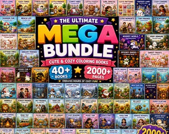 May include: A digital collection of over 40 coloring books titled The Ultimate Mega Bundle, featuring 2000+ pages of illustrations. The grid displays various colorful book covers with themes like animals, holidays, nature, and cozy scenes.