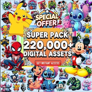 Puede incluir: Una colección digital de más de 220.000 activos con varios personajes de dibujos animados y cómics, incluidos Pikachu, Spider-Man, Mickey Mouse y Stitch. El gráfico naranja central muestra el texto SPECIAL OFFER, SUPER PACK, 220.000+ DIGITAL ASSETS y GET INSTANT ACCESS.