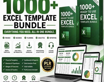 1000+ Excel Template Bundle | Budget Planner, Finance Tracker, Dashboard, Business Spreadsheet, Invoice, Project Planner + PLR MRR