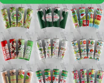 May include: A collection of Christmas-themed tumblers with various designs, including the Grinch, holiday patterns, and text. The tumblers are in a variety of colors, including green, red, and white. The text "420+ CHRISTMAS DESIGNS" is at the top.