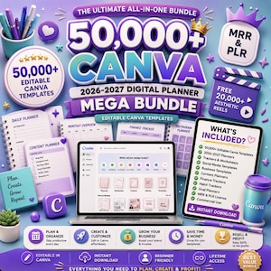 Pode incluir: Um pacote de produtos digitais com mais de 50.000 modelos editáveis do Canva, planejadores 2026-2027 e mais de 20.000 reels estéticos. Inclui um laptop, páginas de planejador, uma caneta e um copo sobre um fundo roxo com texto.