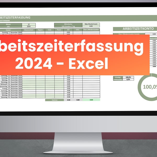 Arbeitszeiterfassung 2024 Excel Vorlage  - Arbeitszeitnachweis Arbeitnehmer Freelancer Arbeitszeit Arbeitsplanung Stundenzettel Zeitnachweis