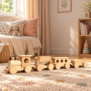Großes Montessori-Eisenbahnset aus Holz – Lokomotive & 3 Waggons | Natürliches, bemalbares Spielzeug | Handgefertigtes Geschenk für Kindergeburtstage aus massivem Buchenholz