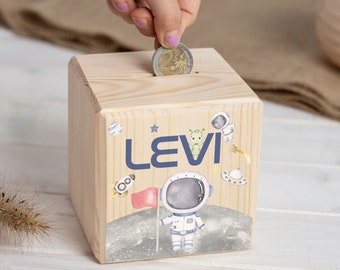 Personalized children's money box wooden, astronaut, piggy bank personalized, cube, child, baby birth, wooden money box, outer space, space