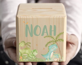 Personalized children's money box wooden, dino, piggy bank personalized, cube child, baby gift birth, wooden money box, money gift baptism