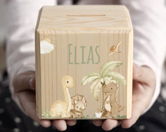 Personalized children's money box wooden, dinosaur, piggy bank personalized, cube child, baby birth, wooden money box, money gift, dino