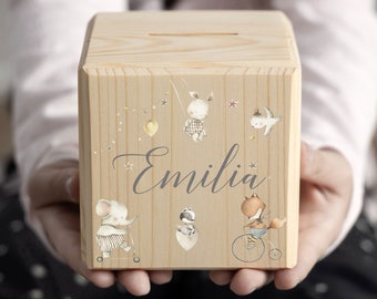 Tirelire en bois pour enfants personnalisée, animaux mignons, tirelire personnalisée, enfant cube, naissance de bébé, tirelire en bois, cadeau d'argent, cirque