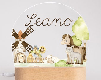 Personalisierte Nachtlampe Motiv Bauernhof, Farm Animals aus Acryl, Geburt, Taufgeschenk, Kinderzimmer, Geburtstagsgeschenk, Nachttischlampe