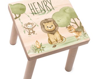 Personalisierter Kinderhocker mit Namen | Kinderstuhl Safari Tiere, Löwe, Tiger, Affe | Geburtstagsgeschenk | Holzhocker Kinder | Holz